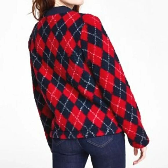 Tommy Hilfiger Red Blue Plaid Button Front Faux Fur Cardigan XL - Picture 11 of 17
